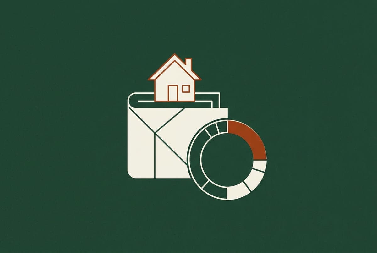 Illustration: a small house on top of a house-shaped folder with a budget pie chart, standing for sizing a home to a budget