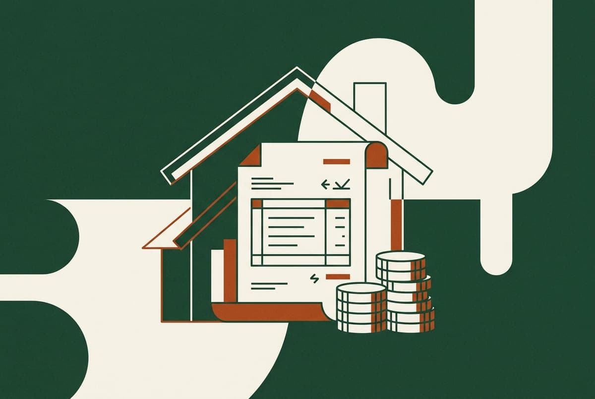 Illustration: a house wrapped around a mortgage statement with stacks of coins, standing for a monthly mortgage payment