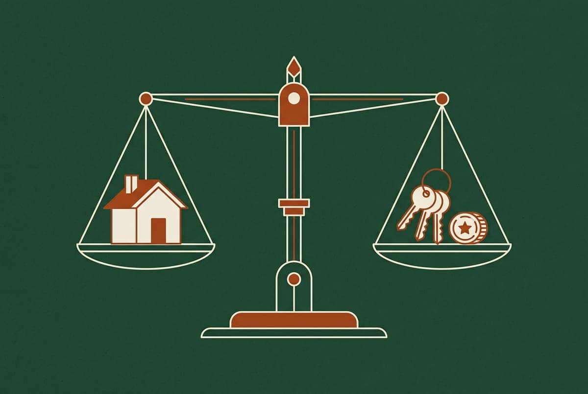 Illustration: a balance scale weighing a house against keys and a coin, standing for comparing owning with renting